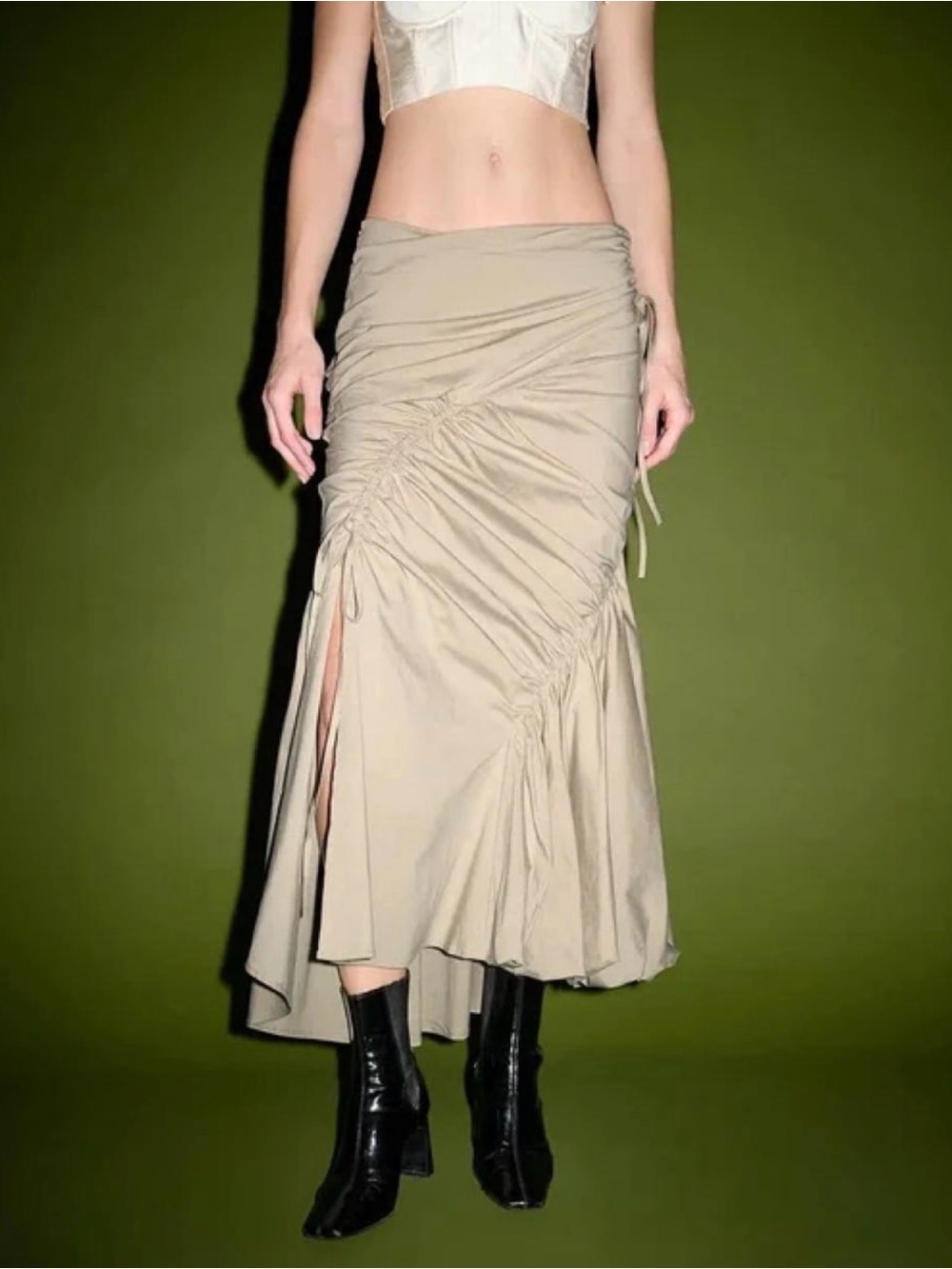 Beige Ruched Maxi Skirt with Side Slit